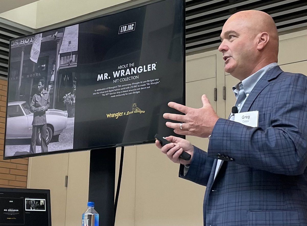 mitchwhitten's tweet photo. .@gregoates preaching the future of #web3 at #esto2022, citing the @Wrangler x @leonbridges partnership featuring @StockyardsHotel. @USTravelESTO @VisitFortWorth https://t.co/tJrlibRKJ3