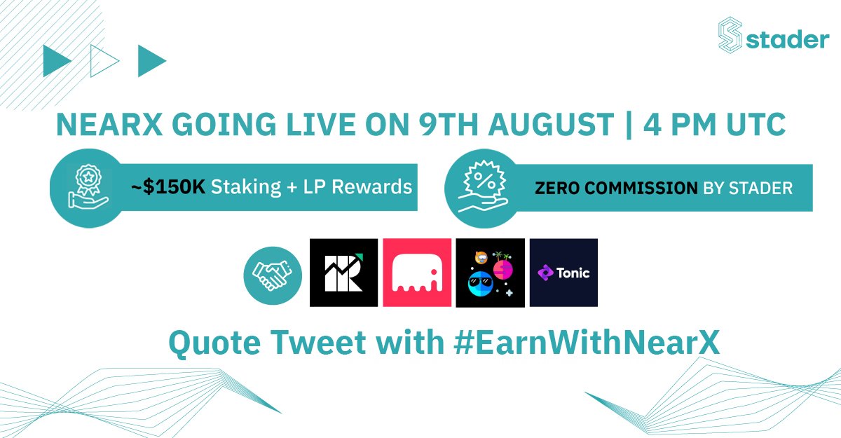 🚨Giveaway Alert🚨
Get $500 as part of launch celebration.

All you have to do is: 
✅Follow <a href="/stader__near/">Stader.Near</a>
✅QT this tweet with #EarnWithNearX 
✅Tag us 

🤑🤑10 lucky winners get $50 each.🤑🤑

Hurry! Tag your friends to spread the word.🤩

Contest till 9th Aug, 2 p.m. UTC.