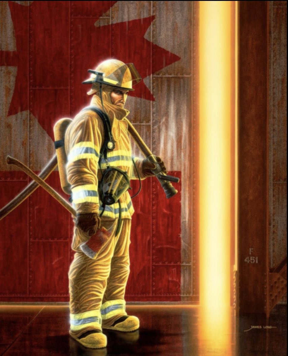 NLShop's tweet photo. Today, our thoughts are with the firefighters and emergency personnel in Central Newfoundland who are battling a major forest fire in high winds and temperatures. We salute you for your bravery and dedication to keep us safe. (artwork by NL artist James Long). https://t.co/gpnUmbqp4A