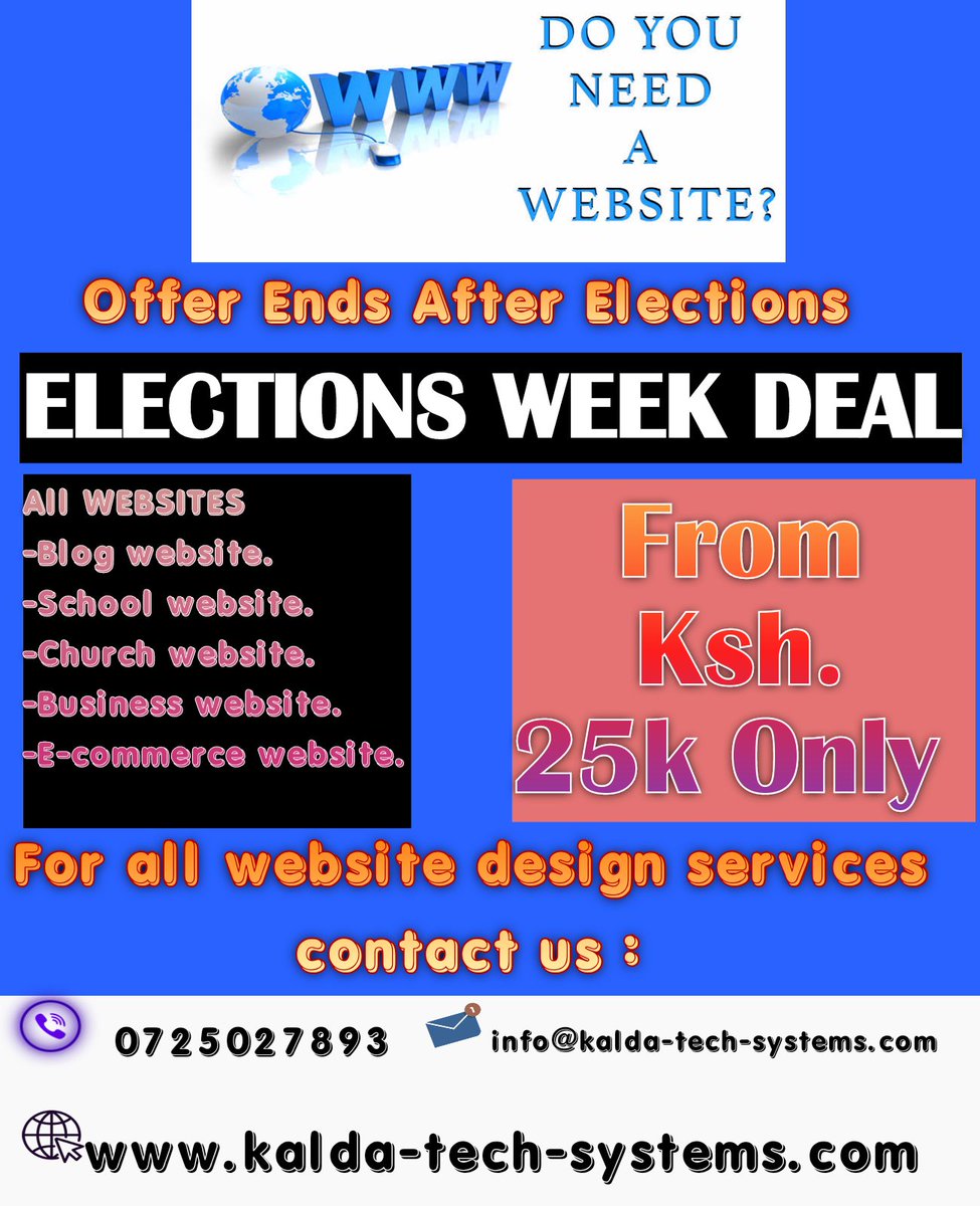 kaldaTechSystms's tweet photo. Get a fast loading, SEO optimized and social media integrated Website Now..!!
Call us : +254725027893
https://t.co/GoOdEunoQf
#websitedesign
#wordpress
#html
#python
#KaldaTechSystems https://t.co/sJHUbXPwKJ