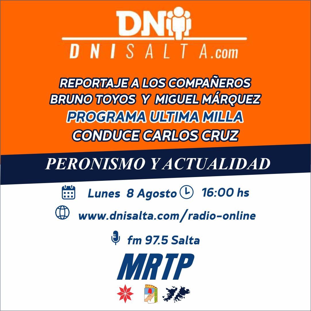 ¡Peronismo y Actualidad!

En la radio DNI SALTA estarán nuestros compañeros <a href="/alonzoarg/">Bruno MRTP</a> y <a href="/Mquez7Miguel/">miguel marquez</a> charlando sobre la problemática social y política actual e historia del Peronismo como vigencia urgente para la salvación de la Patria!!!