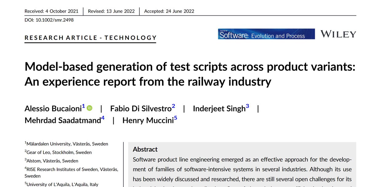 Very happy to see that our paper titled 'Model‐based generation of test scripts across product variants: An experience report from the railway industry' is now online at doi.org/10.1002/smr.24…

#testing #models #railway #modelbased #productline #SPL