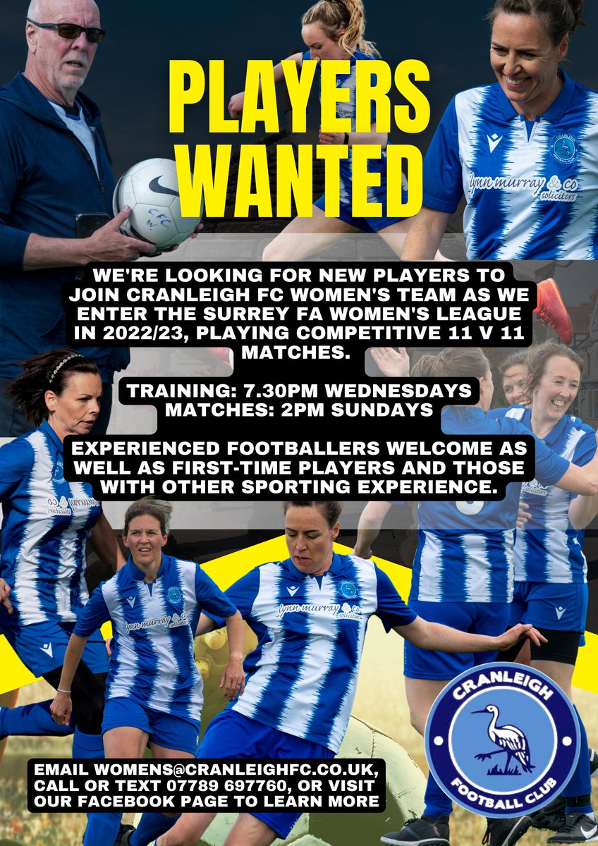 CranesFCWomen's tweet photo. Cranleigh FC Women's Team are looking for players!

Join us for training on Wednesday at 7.30pm at Snoxhall Fields. We're a friendly bunch and all women 16+ are welcome. https://t.co/wOiGFfdql4