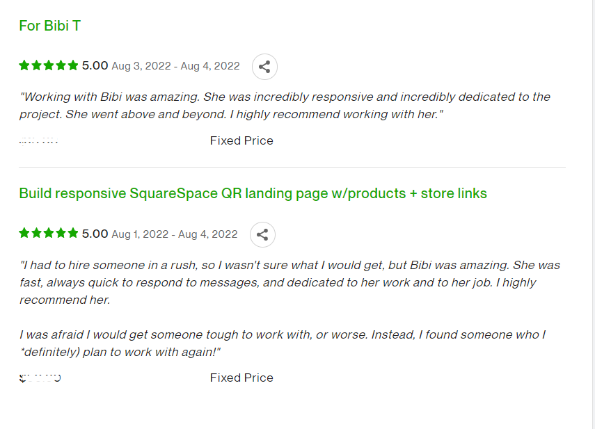 Good reviews always boost you do any work precisely
My upwork :  upwork.com/freelancers/~0…

#upwork #wix #squarespace #wixwebsitedesign #wixwebsiteredesign  #websitedesign #awebsiteredesign #landingpage #squarestore #wixstore #wixsite #ecommerce #wixbuilder #squarebuilder