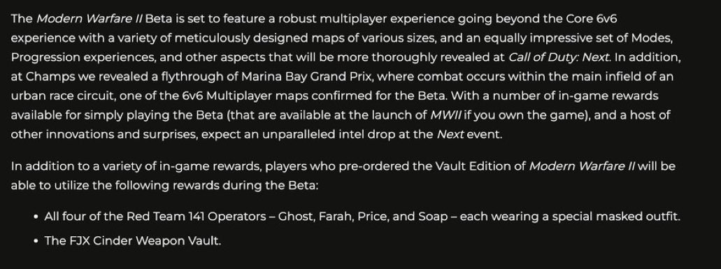 CoDQG_'s tweet photo. Si vous avez précommandé l'édition #ModernWarfare2 Vault, vous pourrez utiliser les bonus de précommande - le pack Red Team 141 + l'arme FJX - durant la bêta.

La bêta sera en 6v6 et "plus de surprises" seront annoncées lors de NEXT. https://t.co/5A1uMslahL