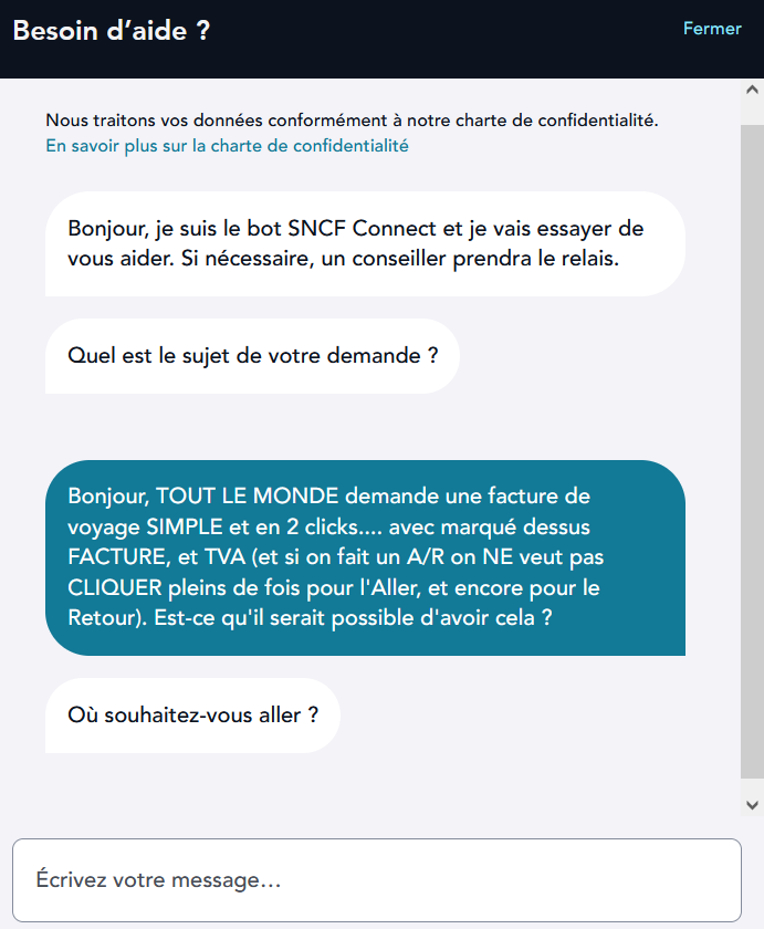/!\ Bonjour <a href="/SNCF/">❌</a> tous les mois c'est compliqué de faire ses notes de frais avec le SNCF trains (c'est pire/impossible avec les Bus!).
Oui, j'ai vu le lien qui dit que c'est facile en 3 mouvements... 
Mais NOUS souhaitons de VRAIES FACTURES (TVA...) svp... vous.sncf-connect.com/article/astuce…