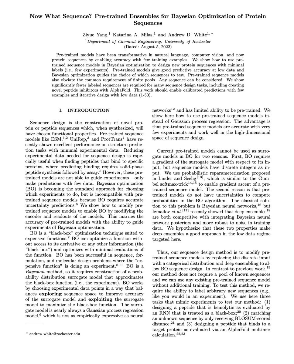 Montreal_AI's tweet image. Now What Sequence? Pre-trained Ensembles for Bayesian Optimization of Protein Sequences
Yang et al.: biorxiv.org/content/10.110…
#ArtificialIntelligence #BayesianOptimization #DeepLearning