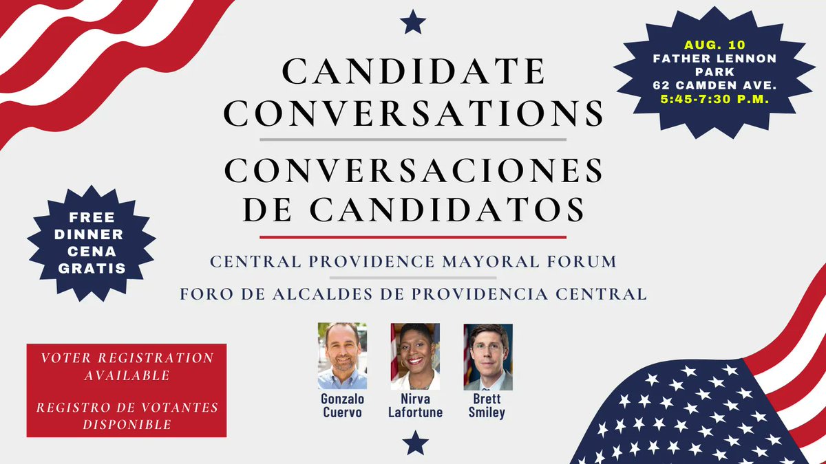 1_neighborhood's tweet photo. Free dinner, register to vote at Providence mayoral forum, Father Lennon Park, 62 Camden Ave, Wed, Aug 10, 5:45-7:30 p.m. Cena gratis, regístrese para votar en el foro de la alcaldía de Providence, Father Lennon Park, 62 Camden Ave, miércoles, 10 de agosto, 5:45-7:30 p.m. https://t.co/hzRbLbCDjh