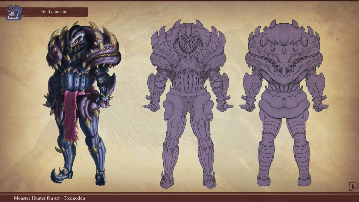 GroGibbon's tweet photo. Here is the second part of a personal project I have been working on for a few weeks. Being a big fan of the Monster Hunter franchise, I had to imagine a monster and create armor and weapons according to it, like they were meant to be integrated in a game. https://t.co/F7Et6iMeKB