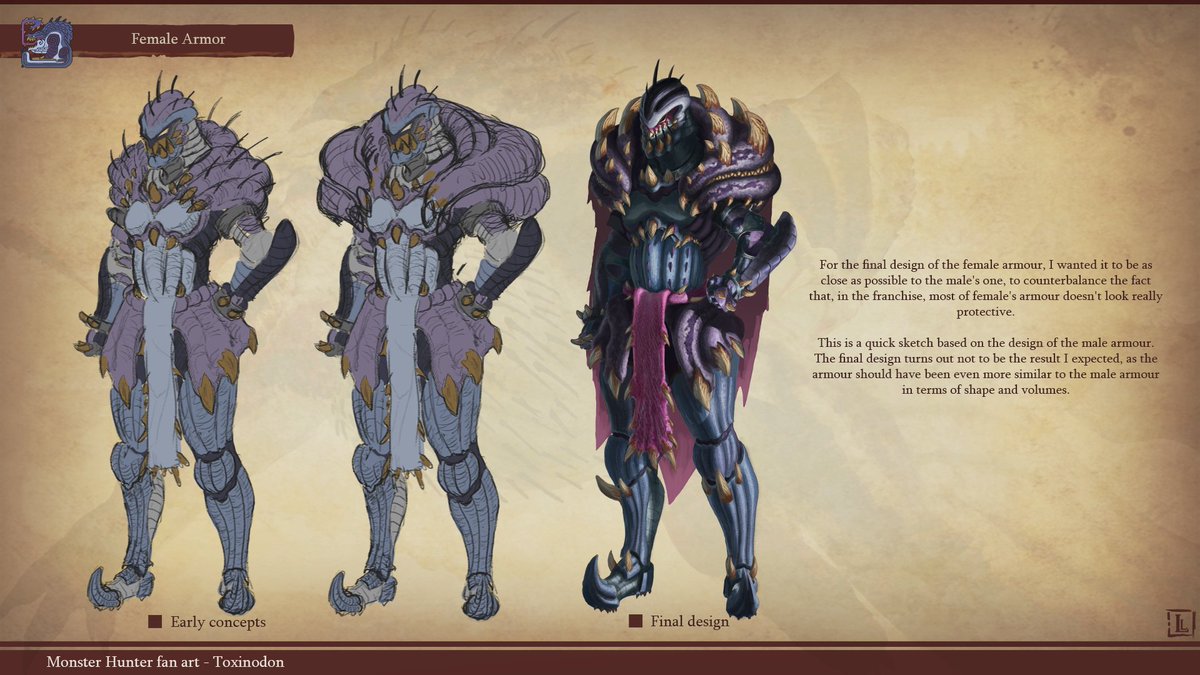GroGibbon's tweet photo. Here is the second part of a personal project I have been working on for a few weeks. Being a big fan of the Monster Hunter franchise, I had to imagine a monster and create armor and weapons according to it, like they were meant to be integrated in a game. https://t.co/F7Et6iMeKB
