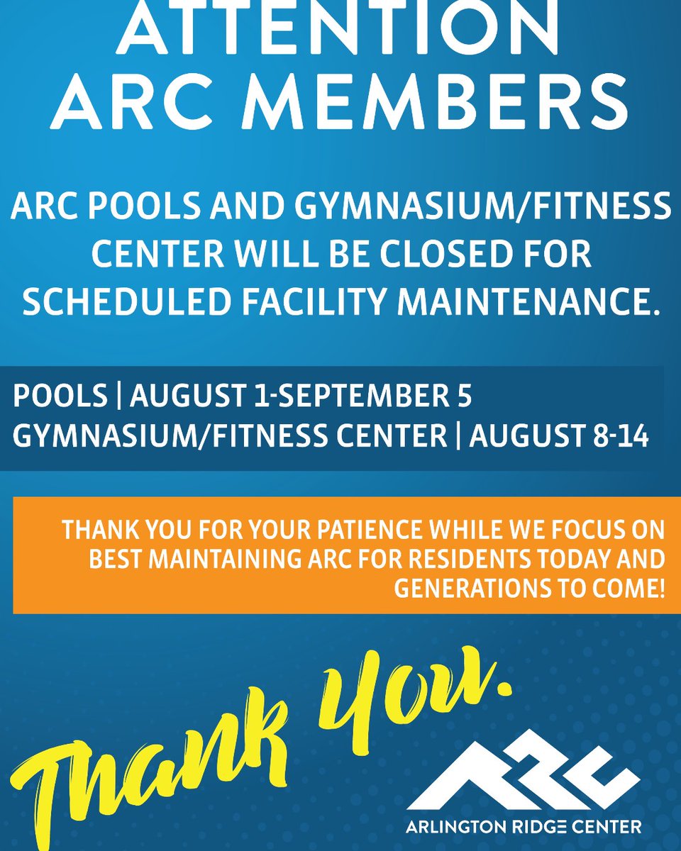 ARC_ahpd's tweet photo. ARC scheduled maintenance reminder.
Please follow the link for details and alternate offerings for aquatics, fitness and programs; https://t.co/BS9HeBYbO8 https://t.co/WJ9JYrSzia