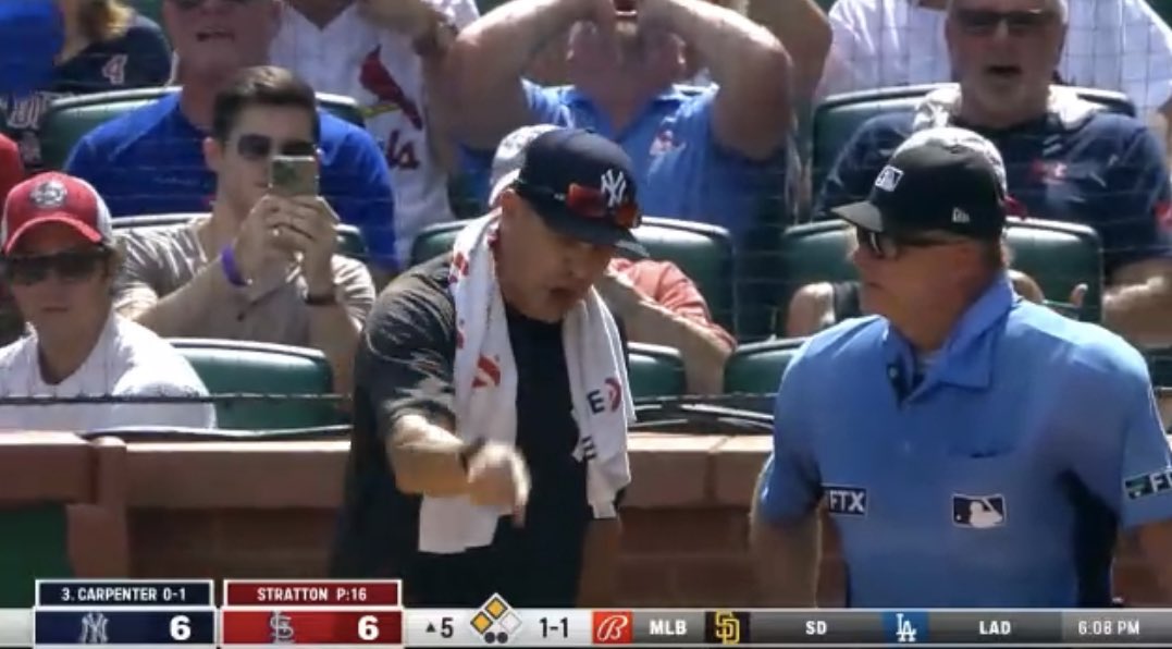 RohPuri's tweet photo. Respect to Aaron Boone showing that fat overpaid and blind homeplate umpire how much of a dumbfuck he is for calling a pitch outside the strike zone a strike. I wish more managers would disrespect these hacks. #MLB #MLBABS https://t.co/8FUqH4bTli