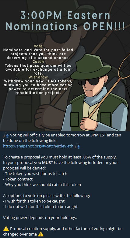 Catcher_DAO's tweet photo. Voting will officially be enabled tomorrow at 3PM EST and can be done on the following link: https://t.co/RJLp557iqL

To create a proposal you must hold at least .05% of the supply.

🎣Voting power depends on your holdings.🎣
Full details below!!! https://t.co/QJXMfRJw0Y