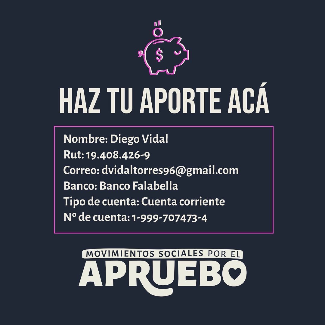 #AhoraEsCuando ¡Tu aporte nos suma! 😍 y podremos generar más volantes informativos para difundir en todo Chile. 

Haz tu aporte 👇🏻

Nombre: Diego Vidal 
Rut: 19.408.426-9 
Correo: dvidaltorres96@gmail.com 
Banco Falabella 
Cuenta corriente
1-999-707473-4