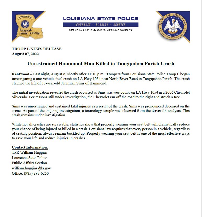 LA State Police on Twitter "TROOP L NEWS RELEASE August 07, 2022