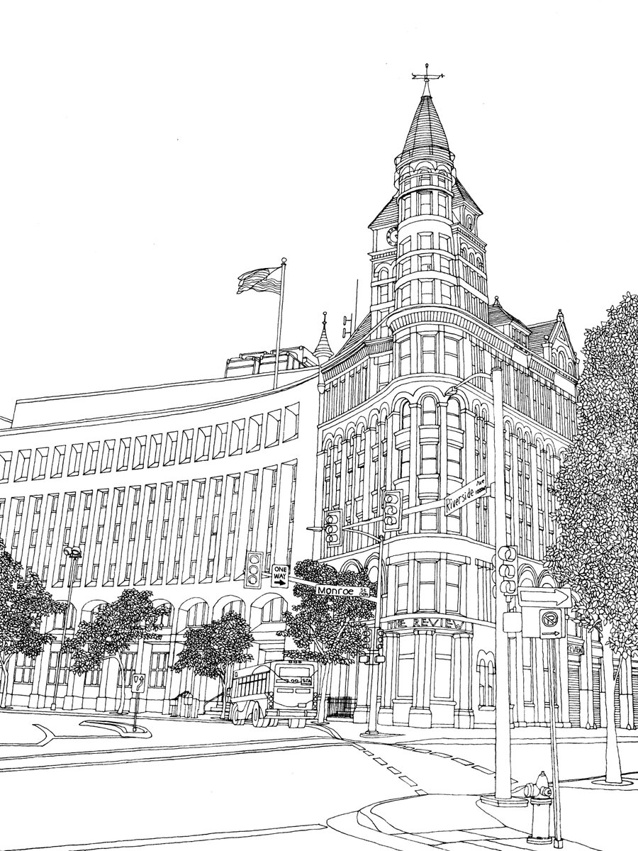 SpokaneColors's tweet photo. The @spokesmanreview building is page #24 of #TheSpokaneColoringBook and if you look really close at the tower, you'll see my new little friend. #spokane #spokanecoloringbook #spokesmanreview #coloringbook https://t.co/pmrqnqyERZ