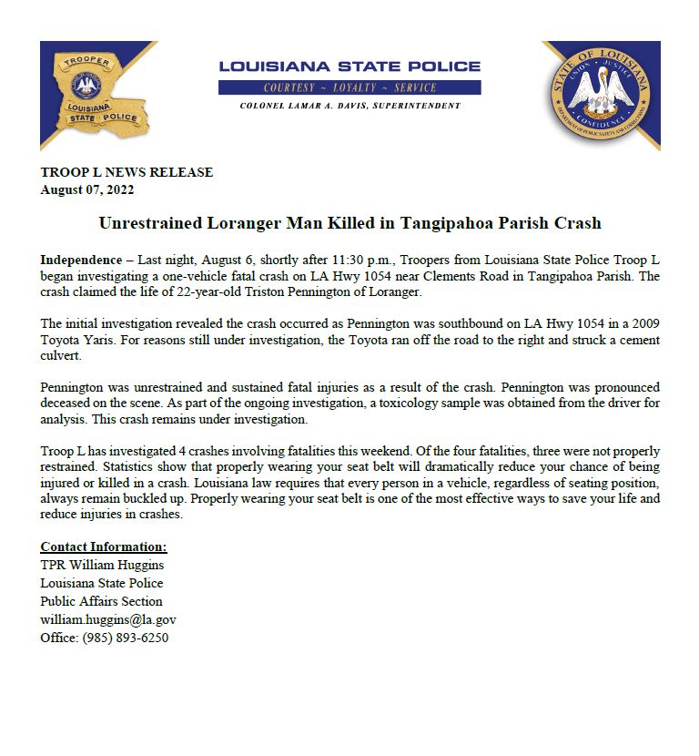 LA State Police on Twitter "TROOP L NEWS RELEASE August 07, 2022