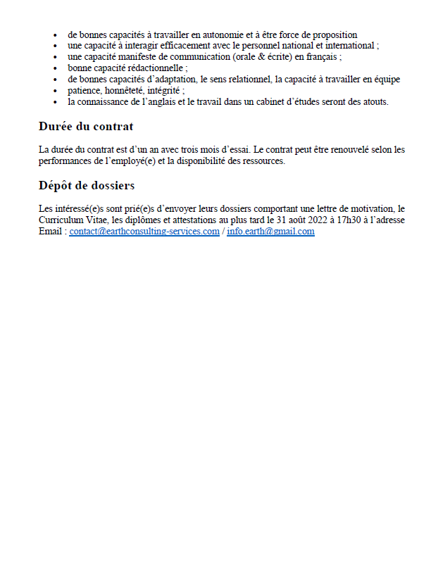 Vous avez un BAC+4/5, êtes passionné des enjeux de développement durable &amp; voulez rejoindre une équipe jeune &amp; dynamique en tant que Chargé(e) de Projets, envoyez votre candidature à contact@earthconsulting-services.com / info.earth@gmail.com au plus tard le 31 août 2022 à 17h30.