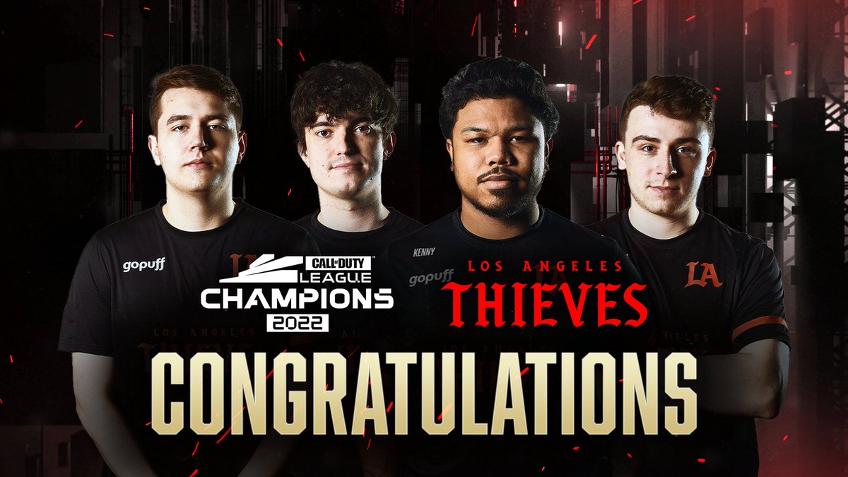 CODLeague's tweet photo. THEY TAKE WHAT'S THEIRS: @LAThieves are your 2022 Call of Duty League Champions 🏆

💍 @Drazah_ 
💍 @OctaneSam 
💍 @Kuavo 
💍 @DylanEnvoy 

#LAThieves | #CDLChamps | #CDL2022 https://t.co/uUdhukMdgv