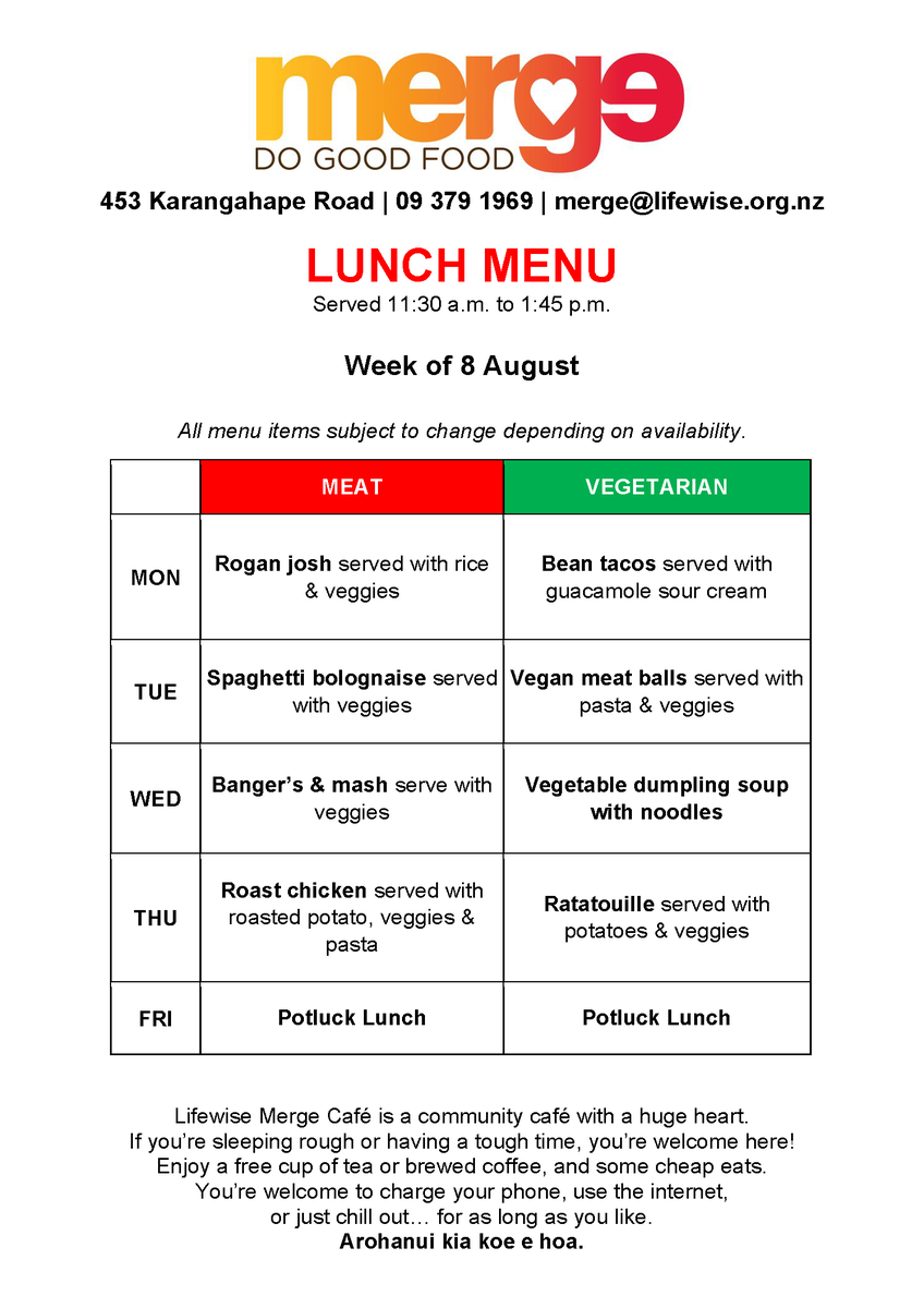 MergeCafe's tweet photo. Kia ora whānau 😁 here's this week's menu, served from Monday 8 August to Friday 12 August 🤤  Hot Tasty Soup &amp; Fresh Bread is available for $2.00 Monday-Friday 🍲
#KRoadNZ #FeelGoodFood #LifewiseNZ #kai https://t.co/qvQVtmOKr6