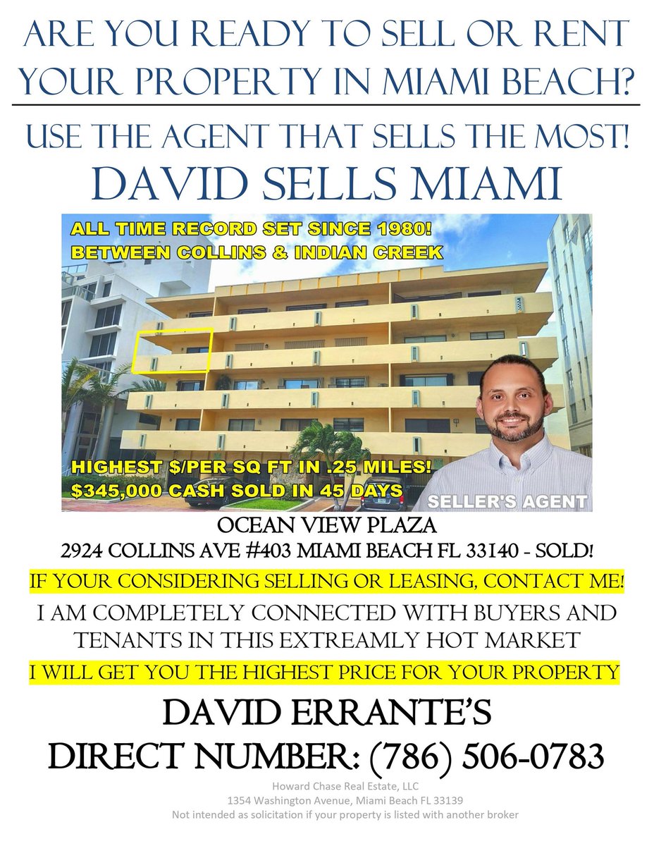 David_Sells_Mia's tweet photo. Sold ! Sold ! Sold !
Representing the Seller!
Don't waste time with other agents.
Call today & get the sale advantage your deserve!
David Sells Miami
786-506-0783
#davidsellsmiami #daviderrante #realtor #miamibeachrealtor #luxuryhomes #miamirealtor #miamirealestate #SOLD https://t.co/AyVxnfAAlr