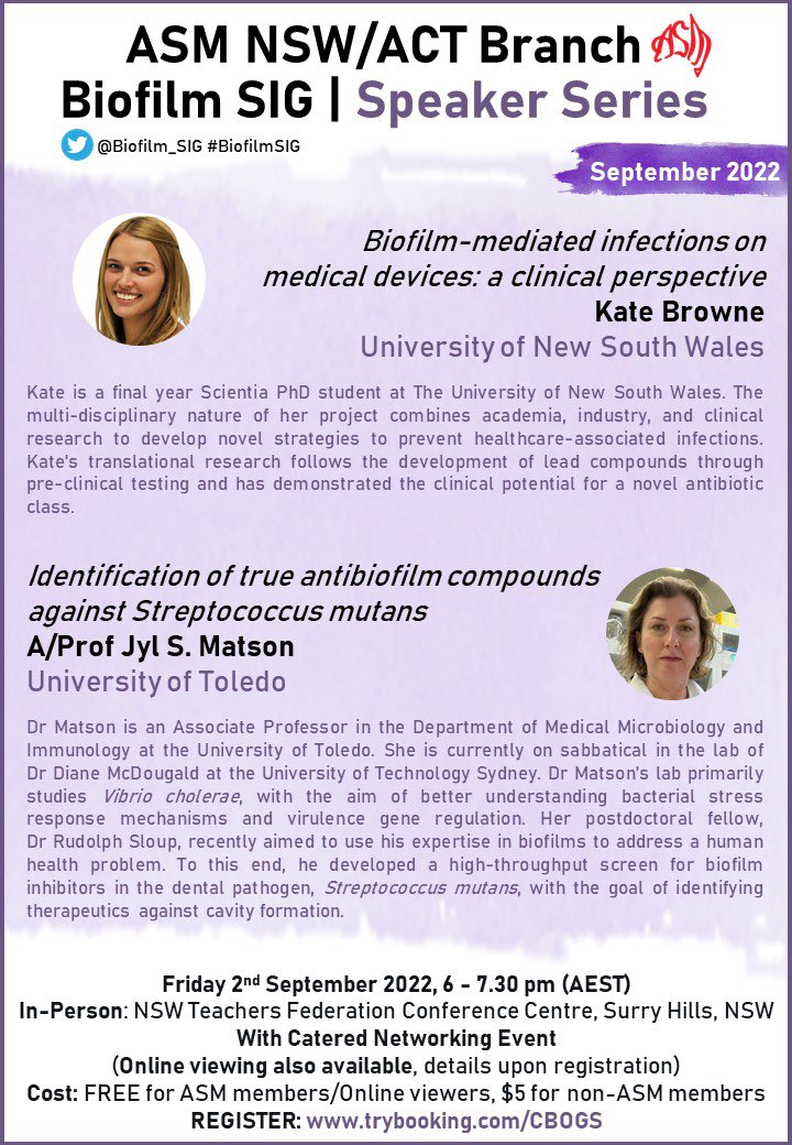 Our @ASM_NSWACT #BiofilmSIG September Speaker series is coming up!

🧫 Friday 2nd September, 6-7:30pm
🧫 NSW Teachers Federation Conference Centre 
🧫 Join in-person or online

Register: trybooking.com/CBOGS