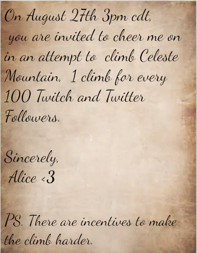 sanki314's tweet photo. On Aug 27th 3pm cdt, going to be doing an endurance stream to try and cover medical cost for myself and my family. 1 run for every 100 twitter and twitch followers. there are going to be incentives revealed in a later tweet
#Vtuber #ENVtuber #badathashtags #celestegame https://t.co/IhgdshjL4T