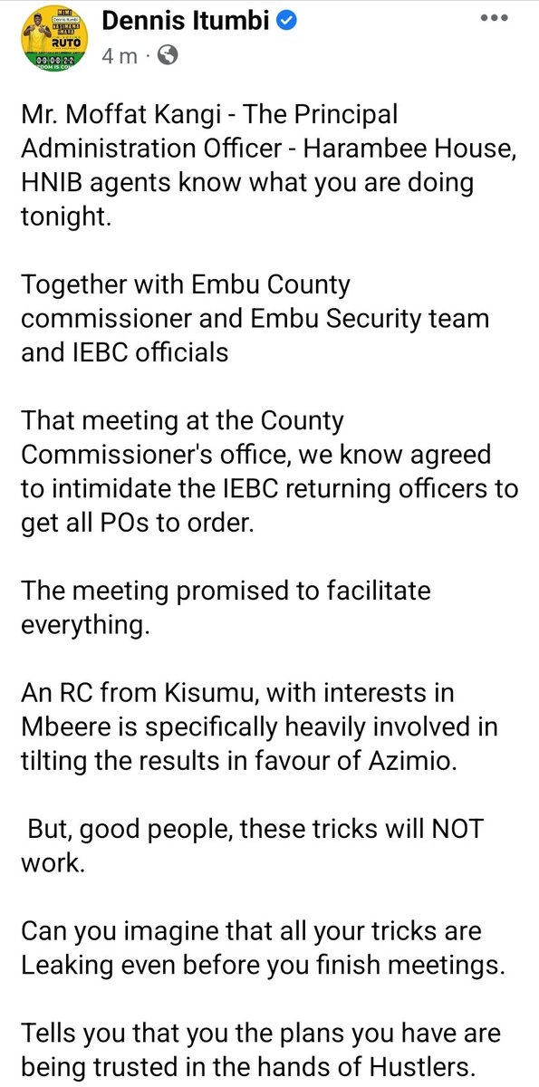 Mr. Moffat Kangi - The Principal Administration Officer - Harambee House, HNIB agents know what you are doing tonight.

<a href="/CecilyMbarire/">Cecily Mbarire, MGH, EGH</a> is the NEXT Embu Governor &amp; <a href="/WilliamsRuto/">William Samoei Ruto, PhD</a> the next President

Night meetings to plot evil will not deliver anything

Hustlers are in your meeting