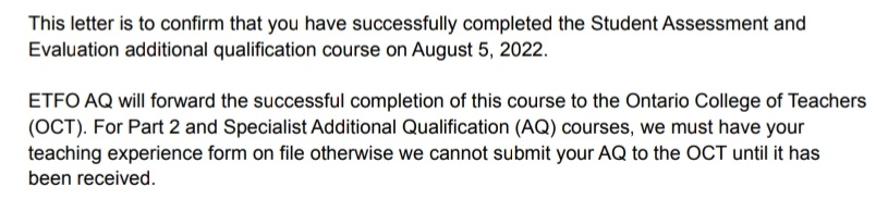 MissKayWhite24's tweet photo. Another AQ completed! I learned so much about assessment and evaluation through @etfoaq this summer. I'm looking forward to signing up for another course soon! π https://t.co/leBaCiqT1D