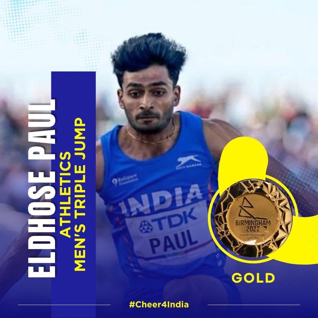 A historic gold in Triple Jump by Eldhose Paul at the #CommonweathGames!

Congratulations to him on this much deserved medal 🏅

Wishing him the best!

#Cheer4India 
#CWG2022 🇮🇳
