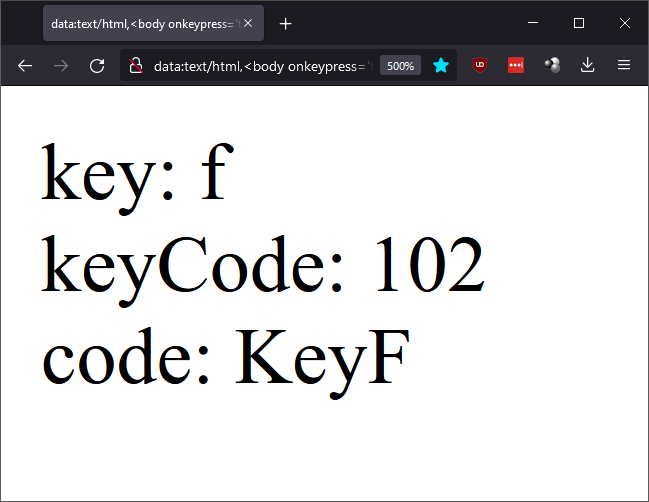lewdev's tweet image. ⌨ Show Keycode in 115b

data:text/html,&amp;lt;body onkeypress='this.innerHTML=(["key","keyCode","code"].map(k=&amp;gt;`${k}: ${event[k]}`).join`&amp;lt;br&amp;gt;`)'&amp;gt;

There are websites dedicated to do this. Skip the page load and run it in a bookmark/address bar.

 #bookmarklet #JavaScript