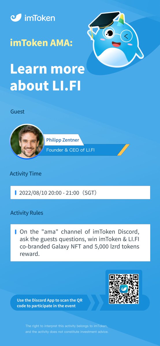 imTokenOfficial's tweet photo. Philipp, the Founder &amp; CEO of @lifiprotocol will come to our Discord for an AMA 📣on 10th August (Wednesday) at 20:00 (SGT).

Join our AMA to win imToken &amp; https://t.co/aZOswd0END NFT &amp; 5,000 lzrd tokens 🎁🎁
Galaxy link: https://t.co/GcH4Yg9Oml https://t.co/dDGMaxtDT1