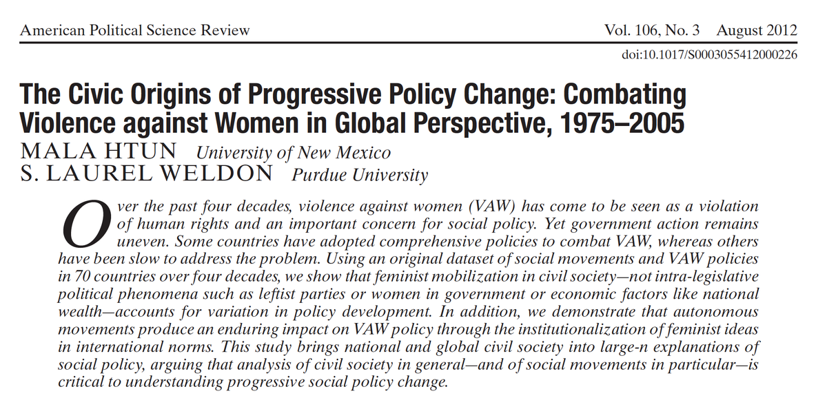 MichaelGLFlood's tweet photo. It is feminist activism that placed violence against women on community and policy agendas. Review of VAW policies in 70 countries over four decades finds the existence of a strong, autonomous women’s movement is a critical factor in the prevention of VAW (Htun &amp; Weldon 2012). https://t.co/K8CNuxd6kG