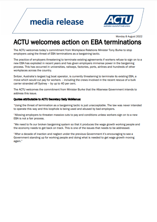 unionsaustralia's tweet photo. MEDIA RELEASE: ACTU welcomes action on EBA terminations. https://t.co/teEhNFFtAG