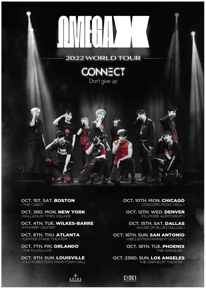 CODE1_ent's tweet image. #FORX 🇺🇸

OMEGA X USA TOUR
[CONNECT: Don&apos;t Give Up]

The dates and venues for the #OMEGA_X USA Tour have been released! CODE1 and @OmegaX_official will continue to prepare the best experiences possible ❤️

🎫 Ticket sales will be announced in a few days!