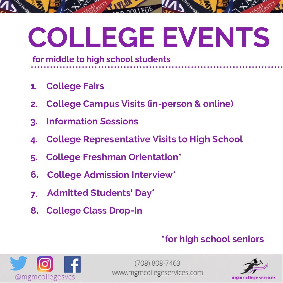 mgmcollegesvcs's tweet photo. There are many events to prepare for college.

Some are specific to 11th or 12th grades; others are open to students as young as elementary age.

This month, which one can you attend as a family… in-person or virtually?

#CollegeConsiderationsByMGM #college #collegeplanning https://t.co/cyWdJrwUrM