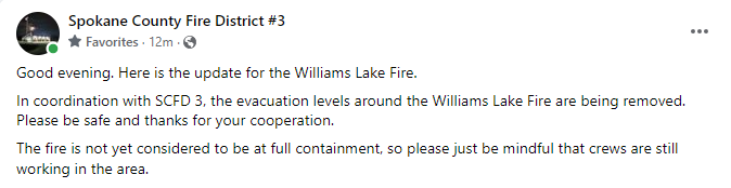 EWFIREANDHAZARD's tweet photo. #WilliamsLakeFire
(South of Cheney)
The evacuation levels around the Williams Lake Fire are being removed. https://t.co/fOQJUxxEz9