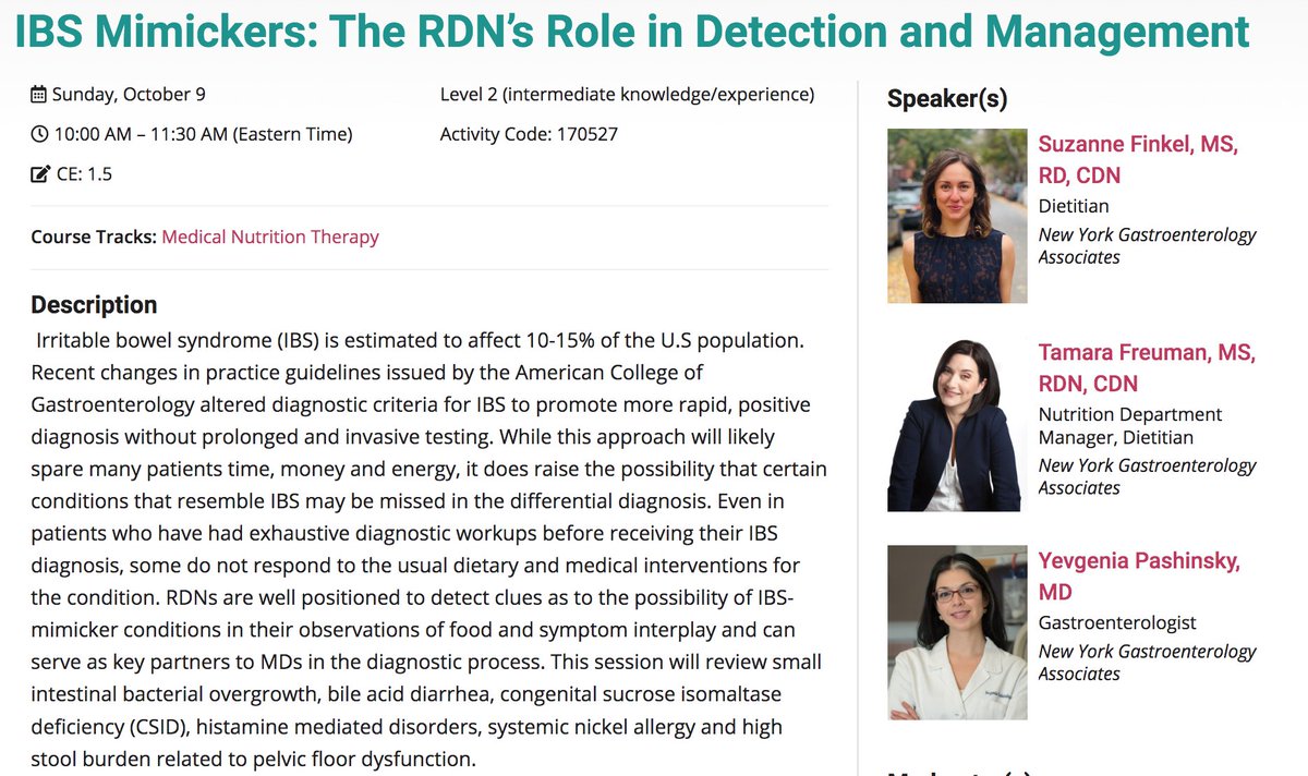 tamaraduker's tweet photo. Super excited to present this session on #IBS mimickers at. @eatrightFNCE this year with my colleagues at NYGA ... hope you'll join us! #GITwitter https://t.co/kFtY2kAPtz