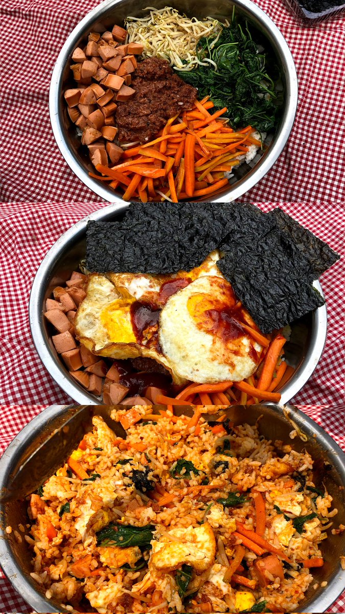 Resepnya guis

- nasi
- wortel, cambah, bayam (rebus pake garem)
- kornet ditumis kasi bumbu lada hitam dikit
- sosis dipotong2 digoreng biar ada rasa smokednya
- telor ceplok
- nori
- minyak wijen + kecap asin (dikira-kira secukupnya aja)
- biji wijen
- saos gochujang
- (cont)