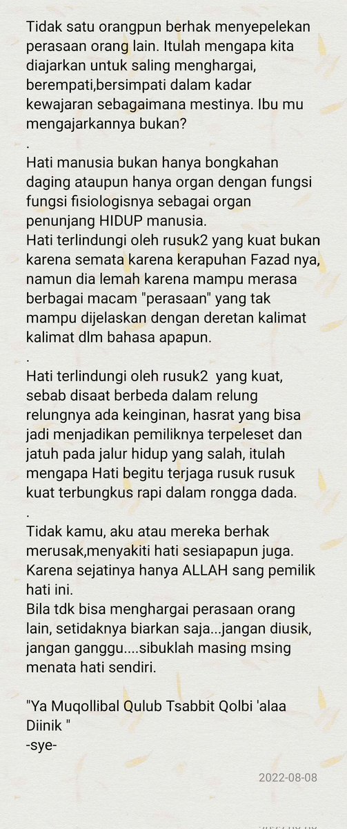 Sejatinya Hati sesiapun adalah milik Allah....
#hati #aboutheart #rahasiahati #goodattitude #behave #sikap #quotesandsayings #berkatabaik #WordsOfWisdom