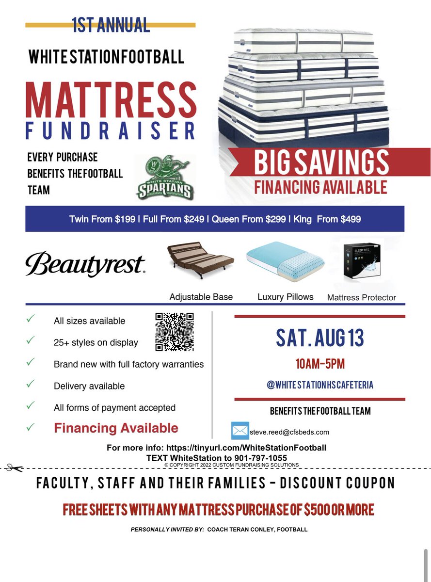 Teran Conley (@wsfightinthesec) on Twitter photo If you need a mattress sooner, Email Austin Pike at apike@cfsmidsouth.com and mention WhiteStation High If you need a mattress sooner, Email Austin Pike at apike@cfsmidsouth.com and mention WhiteStation High