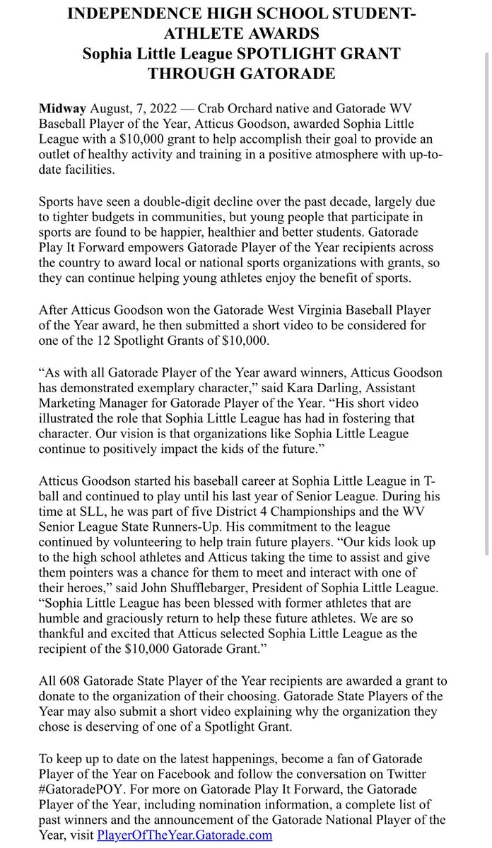 sddsports's tweet photo. Atticus Goodson gave beck to his community in a big way. After winning the Gatorade player of year award in June the recent Independence grad submitted a video to be considered for 1 of 12 $10,000 spotlight grants. He won and awarded his grant to Sophia Little League. Good stuff. https://t.co/nF8EuilP7h