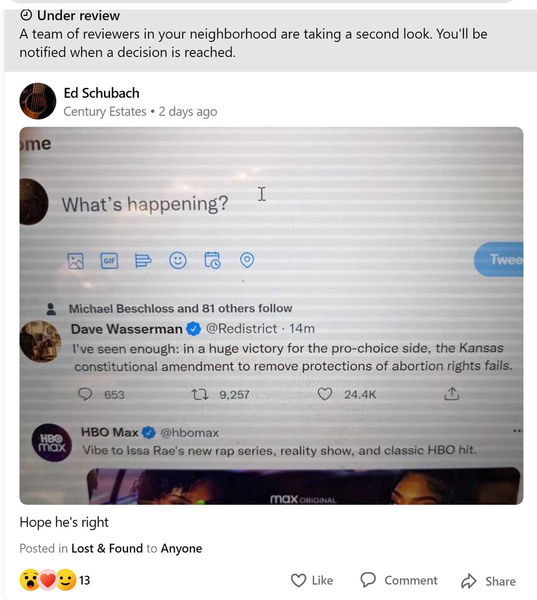egschubach's tweet photo. Hey @Nextdoor, As a Kansas resident, why have Nextdoor moderators removed my post about the Kansas election? They say it's not a local topic, which is nuts. When most of the local mods are conservative, this is what happens. https://t.co/oX1xPvo1jn