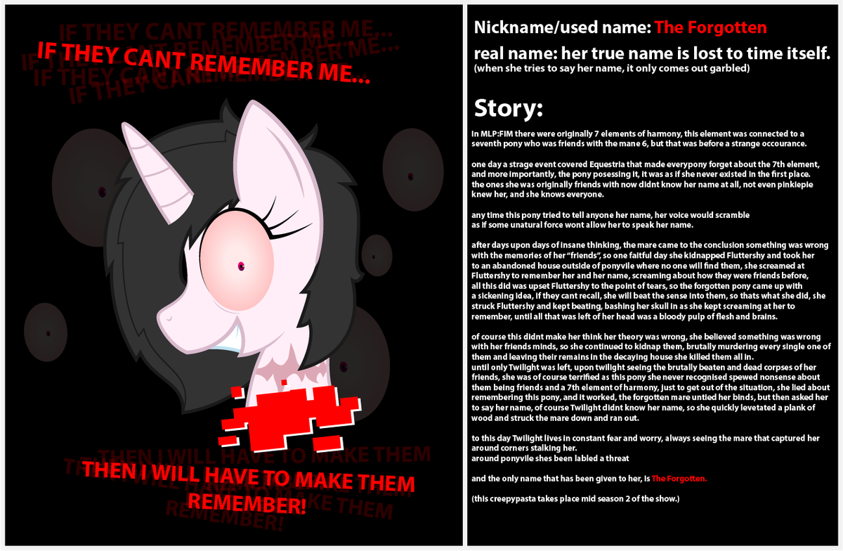 AnarackWStudios's tweet photo. honestly, this might be surprise creepypasta topic when it comes to me, but I like how this came out so I'ma show it!

I like a lot of MLP creepypasta's, so I made my own!
especially seeing how I was re-watching the show after like 6 or so years.

enjoy fellas. https://t.co/v2JNNHtFpK