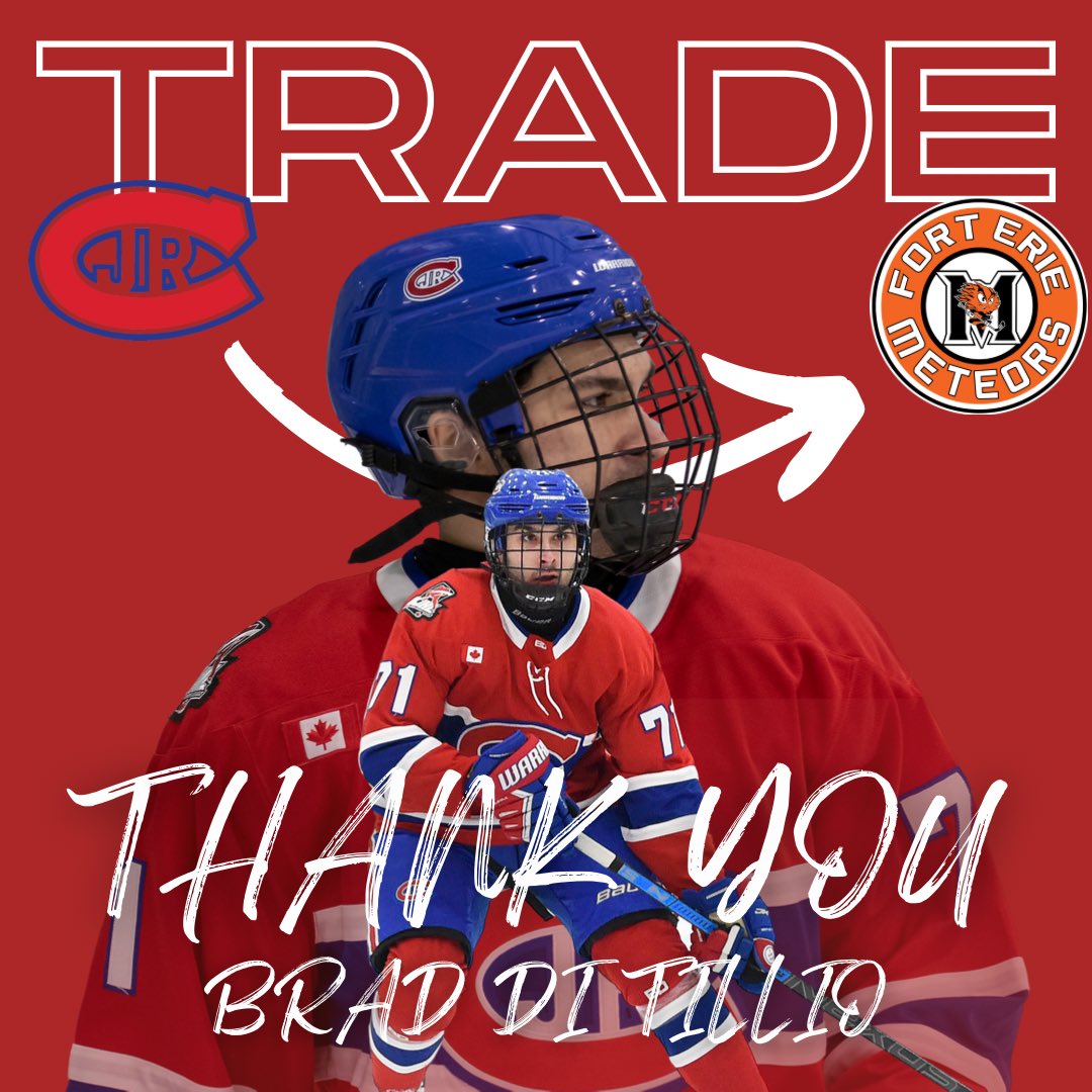 OJHLJrCanadiens's tweet photo. 🚨 TRADE ALERT 🚨 

We have completed a trade with the Fort Erie Meteors of the GOJHL sending F Brad Di Tillio to Fort Erie for a Player Development Fee. We would like to thank Brad for his time with the organization and wish him the best of luck 

@FEMeteors https://t.co/puTEGsCYzH