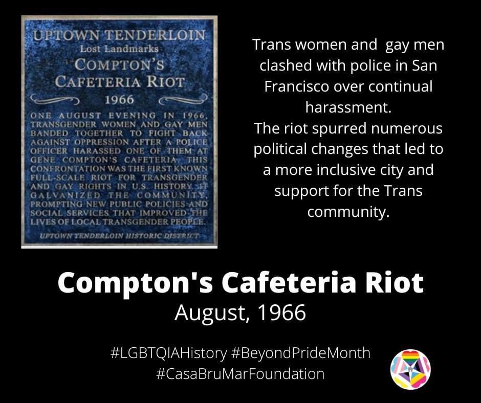 CasaBruMar's tweet photo. The Compton’s Cafeteria Riot preceded Stonewall by three years, but is lesser known. It is important for us to learn about every event in our history that has helped move us forward.

To learn more,
https://t.co/OuwRhSEENq

#LGBTQIAHistory 
#CasaBruMarFoundation
#BeyondPrideMonth https://t.co/P8TLRH9eos