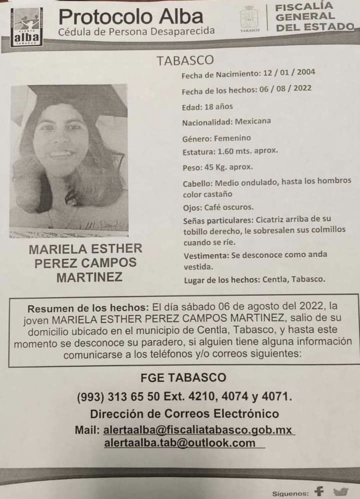 _ElenaRios's tweet photo. #Ayuda! MARIELA ESTHER PEREZ CAMPOS MARTINEZ de 18 años de edad originaria de FRONTERA CENTLA TABASCO, el GPS de su celular marcó por última vez sobre la carretera panamericana a la altura de rancho llano o "rancho la fortuna" tramo Juchitán Tehuantepec, Oaxaca.
#rt por favor🙏🏾 https://t.co/pai7O1huvT