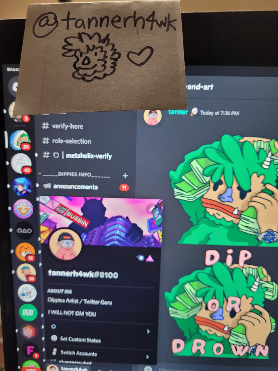 tannerh4wk's tweet photo. Bit of a long shot, but I am applying for @y00tsNFT y00tlist and wanted to have a proof-of-artist-identity tweet in place!

So: hi, my name is Tanner, I am the @DippiesDust artist and a huge @DeGodsNFT universe and $DUST maxi. Here is my proof! https://t.co/9LFJ0fFsfq