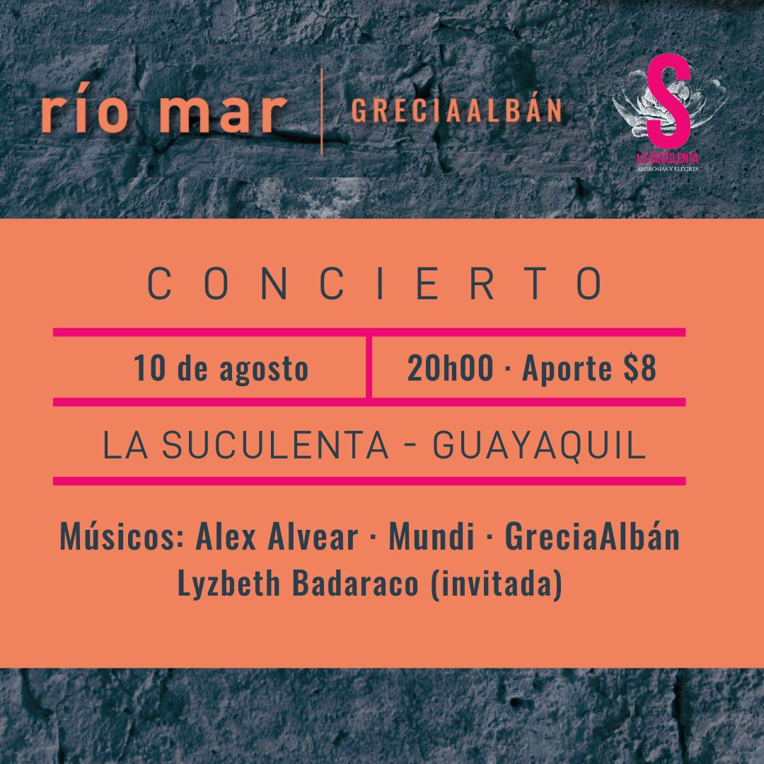 📢Grecia Albán este miércoles 10 de agosto a las 20h00🎵

🔥Para esta noche, Grecia trae sus composiciones en formato de trío junto a los músicos Alex Alvear, Mundi Pérez. Como invitada especial, la compositora guayaquileña Lyzbeth Badaraco.  Será un concierto mágico e íntimo.