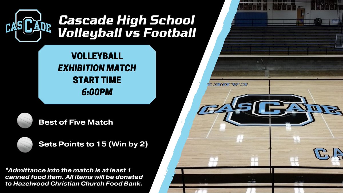 SHS_APSimmons's tweet photo. Come out Tuesday Night to Cascade HS to see the Football Team take on the Volleyball Team in a VB Exhibition Match!

To gain entrance person much bring 1 non-perishable food item. All food will be donated to the Hazelwood Christian Church Food Bank!

Enter through PAC doors https://t.co/UmuLIscNf2